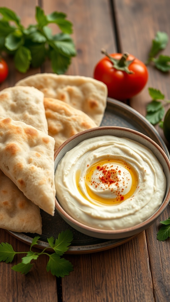 Warm pita bread served with creamy hummus, garnished with olive oil and paprika, on a rustic wooden table.
